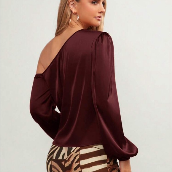 Luxe Satin Asymmetrical Neck Off One Shoulder Long Sleeve Satin Top Blouse - Picture 11 of 16